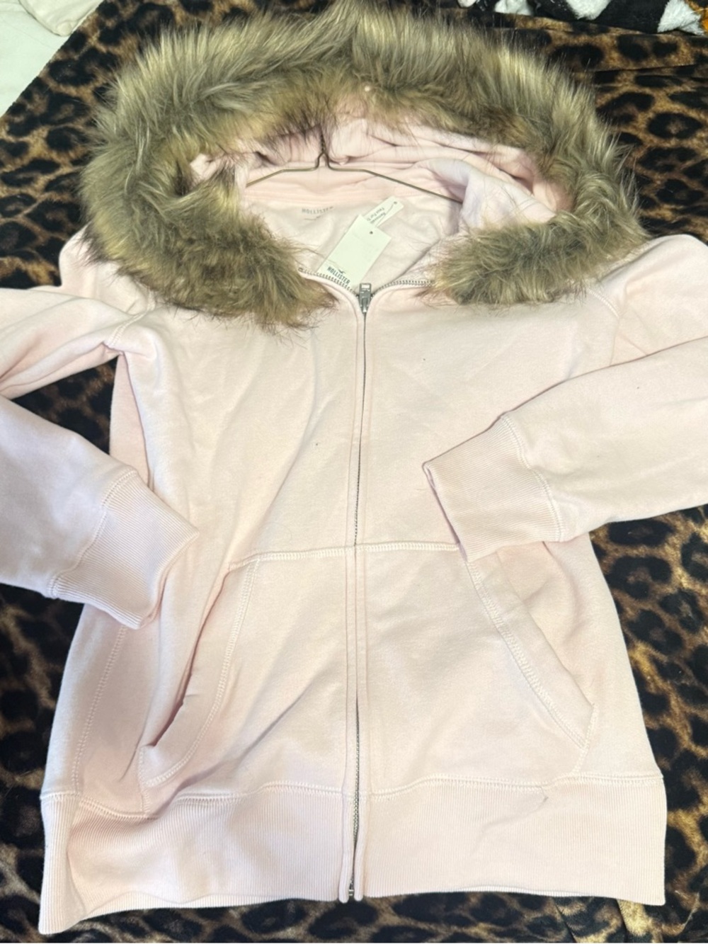 Hollister Light Pink fur hood Zip-Up Hoodie - Medium
